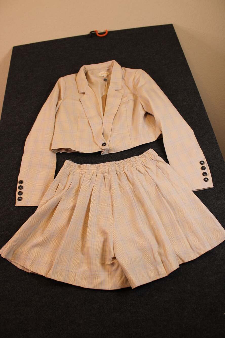 Qutie Plaid Crop Blazer and Pleated Skirt Co-Ord Set